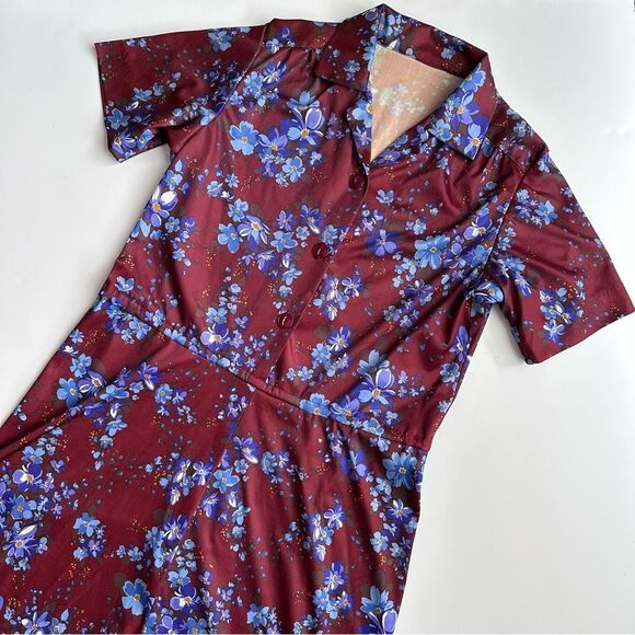 Vintage Dresses & Skirts - Vintage Brown and Violet Floral Midi Dress A Line Short Sleeves Women’s Size M
